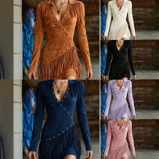 Women's Summer Western Style Tassel Suede Rivet Sheath Long Dress