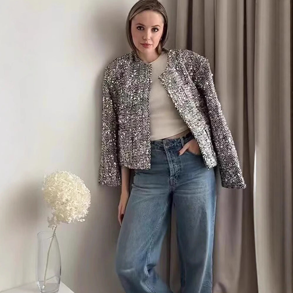 Women's Fashionable Sequins Accessories Stand-up Collar Coats