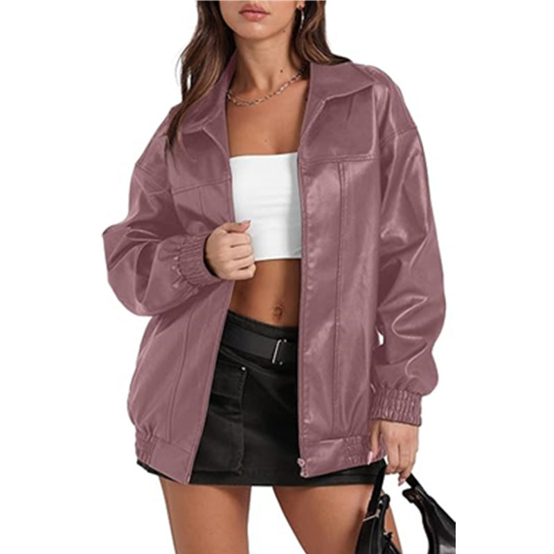 Women's Leather Long Sleeve Lapel Zipper Side Pocket Coats