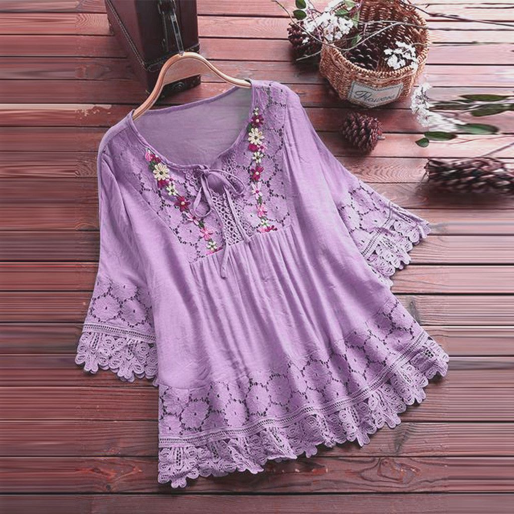Women's Summer Cotton Linen Stitching Lace Elegant Blouses