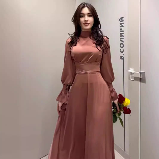 Women's Autumn Satin Long Sleeve Elegant Dress Dresses