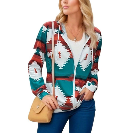 Pattern Printed Long Sleeve Loose Hooded Pocket Jackets