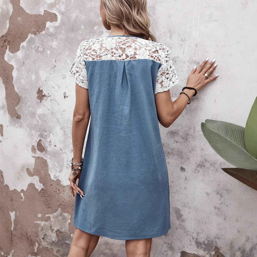 Women's Casual Loose Contrast Color Lace Patchwork Dress