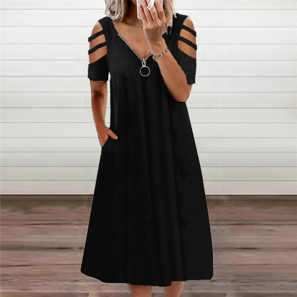 Women's Summer Sexy Solid Color Zipper Sleeve Dress
