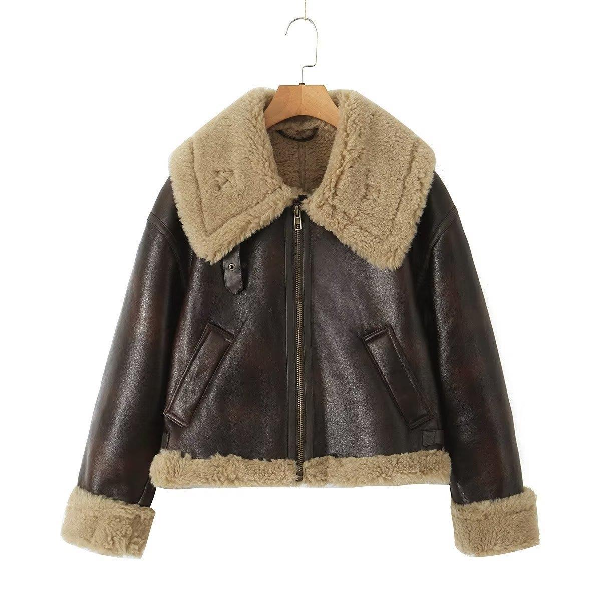 Women's Autumn Fur Collar Thickened Integrated Leather Clothing