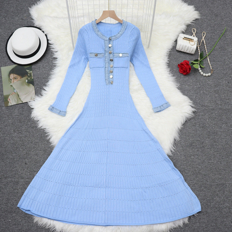 Denim Long-sleeved Knitted Simple Round Neck Slimming Dress