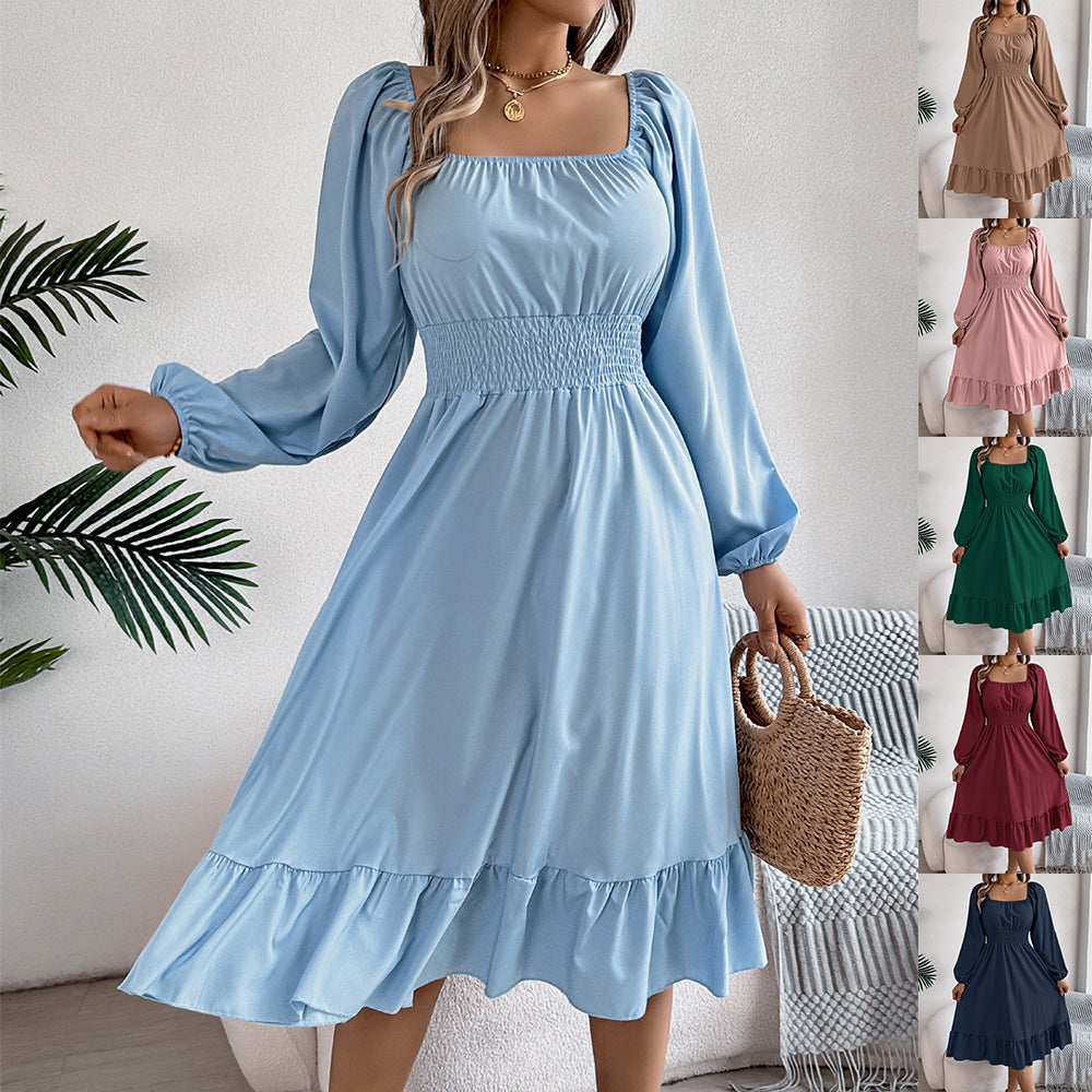 Women's Color Square Collar Long Sleeve Waist Trimming Clothing