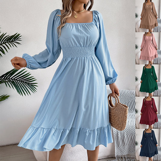 Women's Color Square Collar Long Sleeve Waist Trimming Clothing