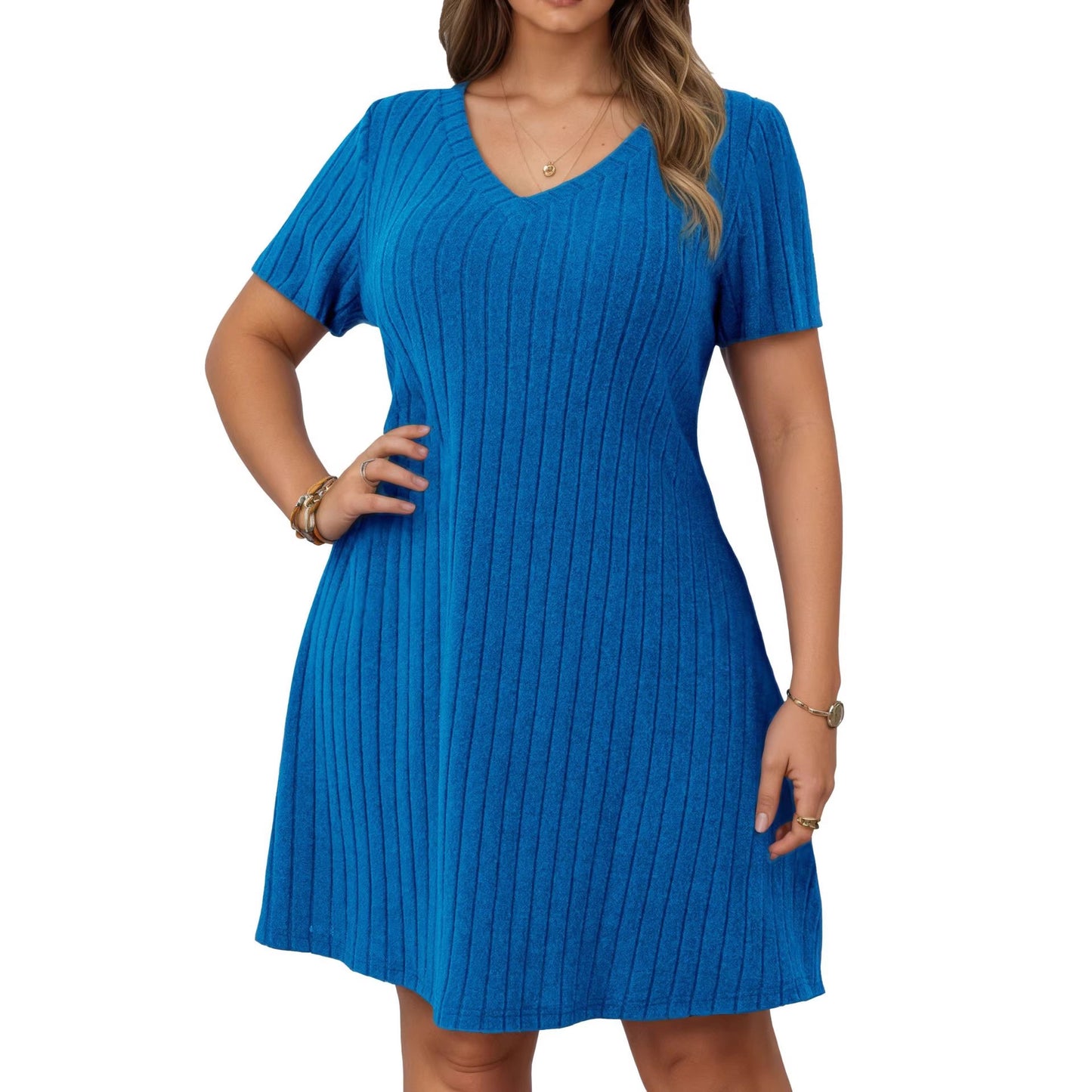 Women's Solid Color Sunken Stripe Sleeve Pullover Dress
