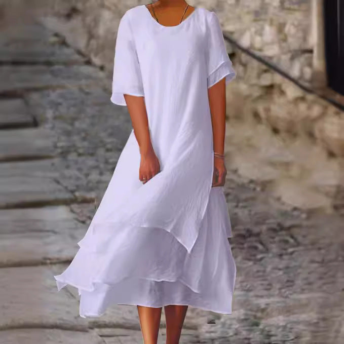 Summer Cotton Linen Color Matching Slit Sleeve Dress