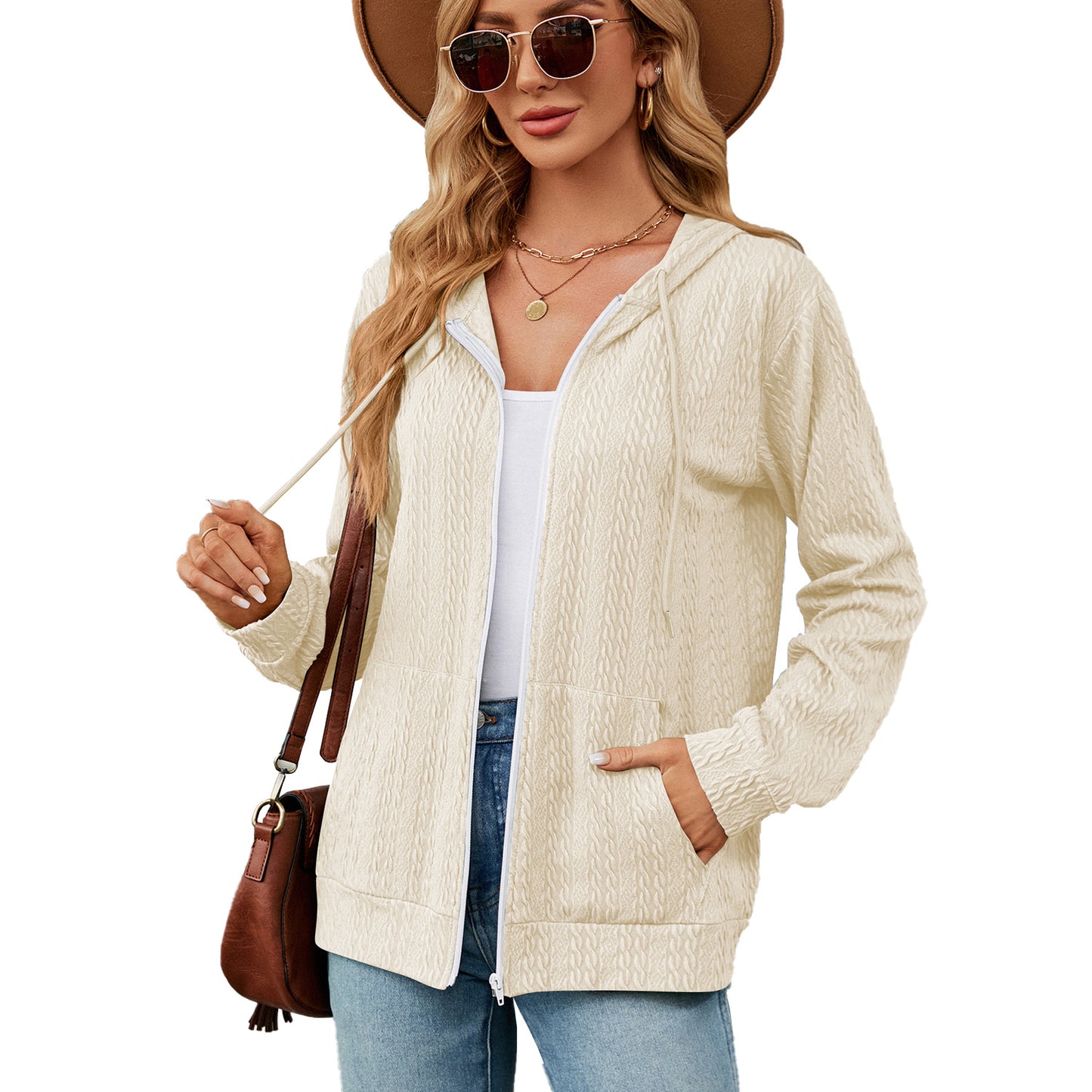 Women's Loose Long Sleeve Hooded Zip Pocket Cardigans