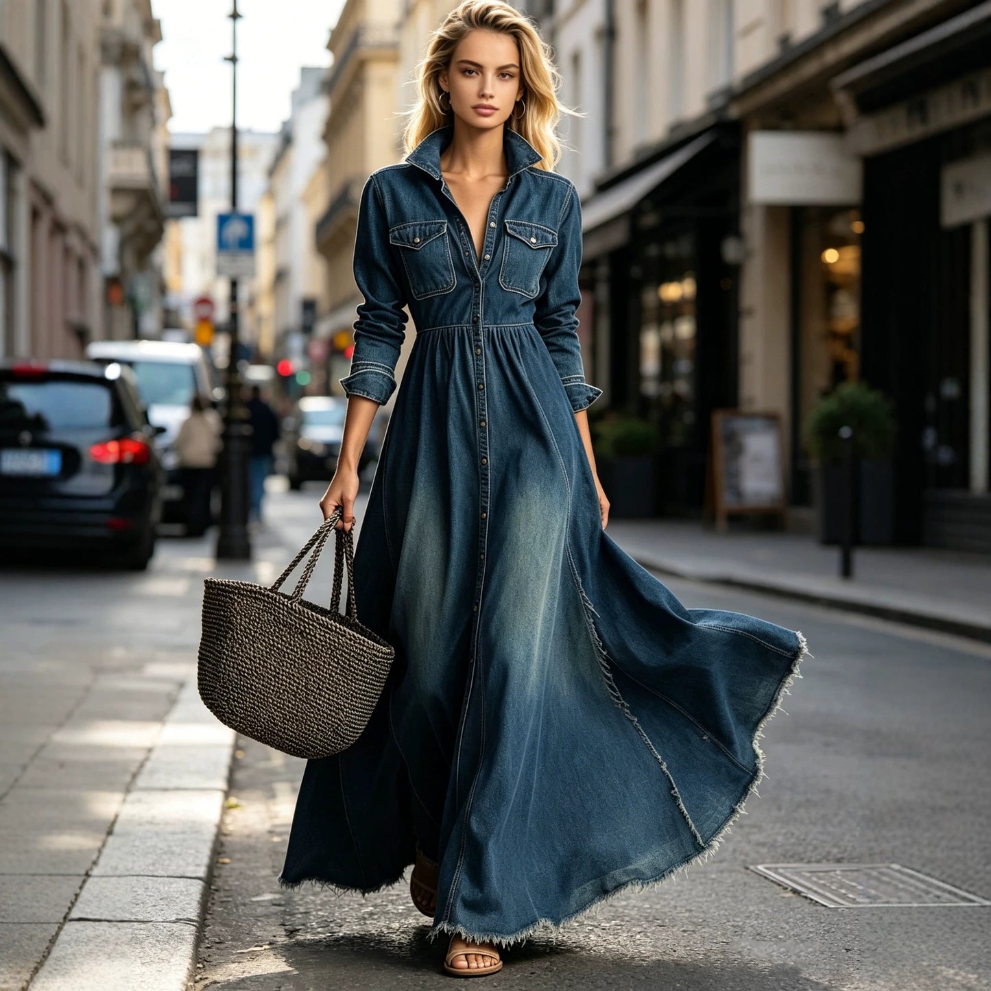 Slimming Retro Temperament Long Sleeve Denim Dress