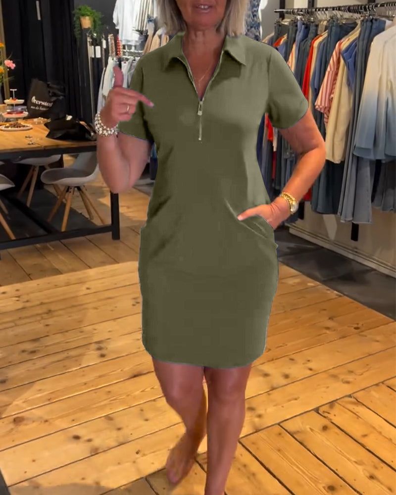 Summer Solid Color Sleeve Lapel Zipper Dress
