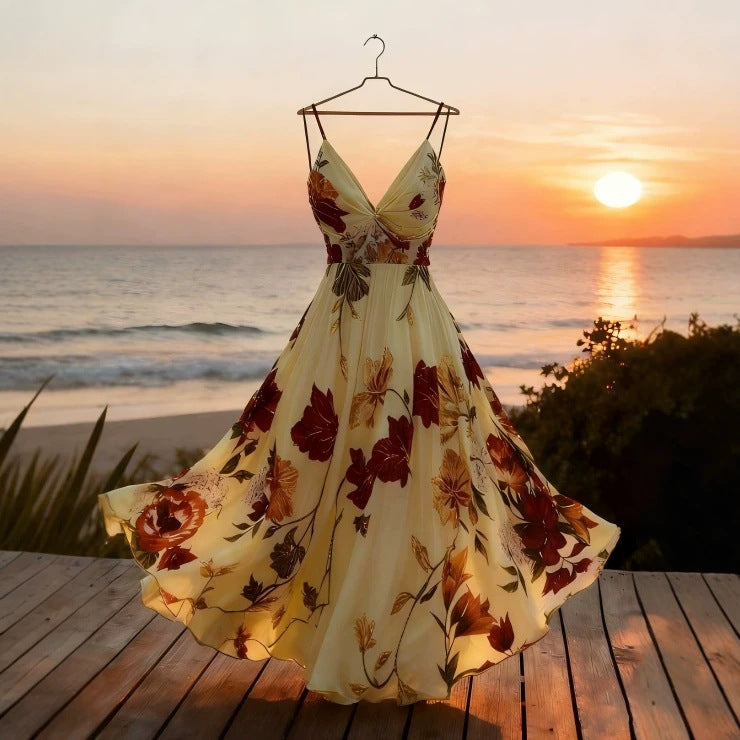 Durable Vacation Style Strap Printed Long Dress