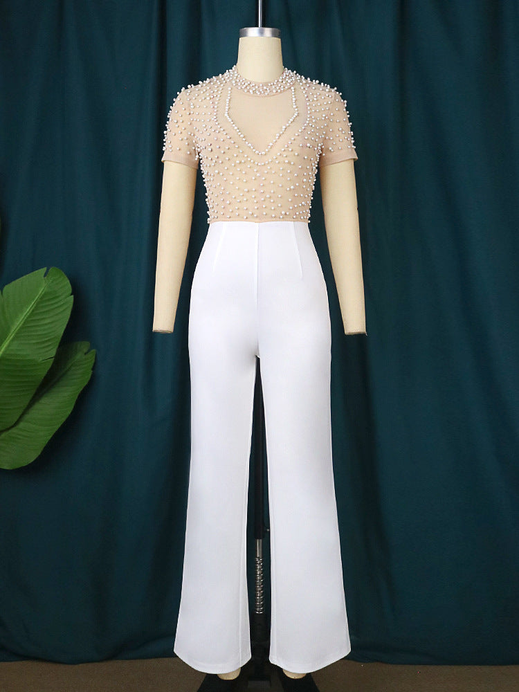 Round Neck Sleeve Beaded Casual Style High Jumpsuits