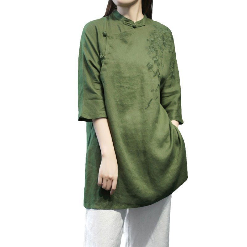 Women's Cotton Linen Tang Embroidered Tea Chinese Button Knots Blouses