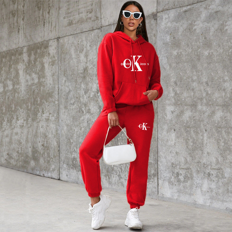 Women's American Style Loose Hooded Printed Veet Padded Fashion Casual Suit