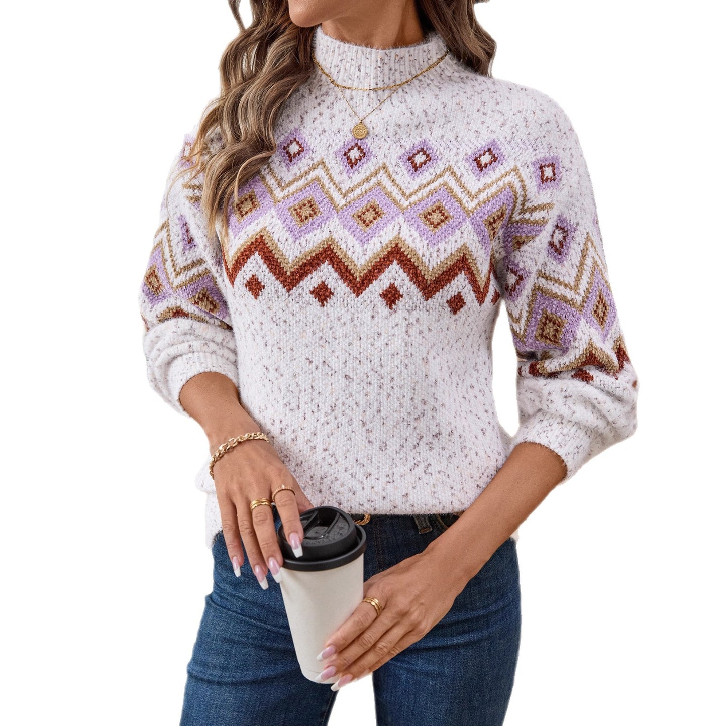 Women's Pullover Half Turtleneck Jacquard Long-sleeved Casual Sweater