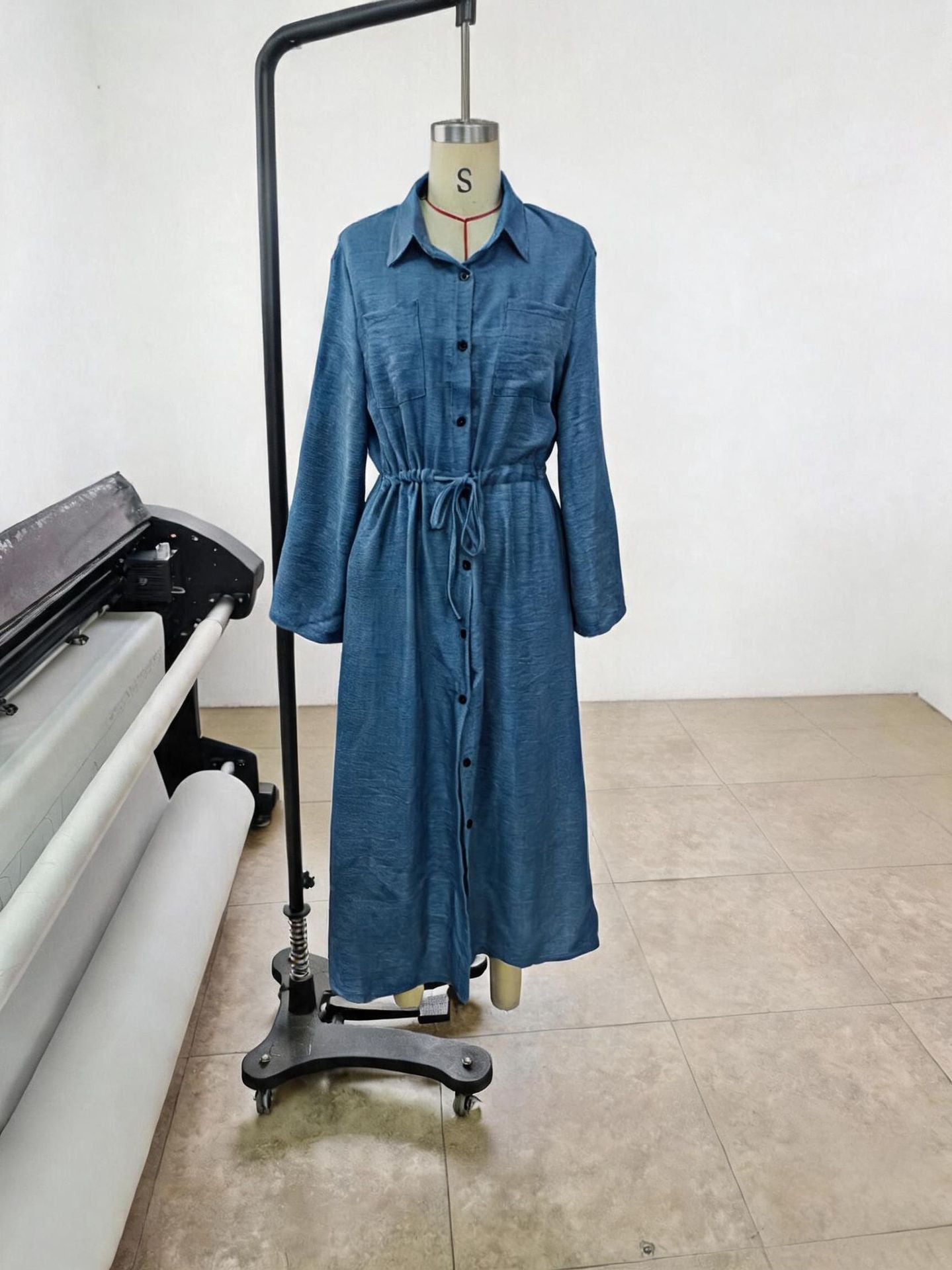Casual Drawstring Fitted Waist Shirt Loose Dress