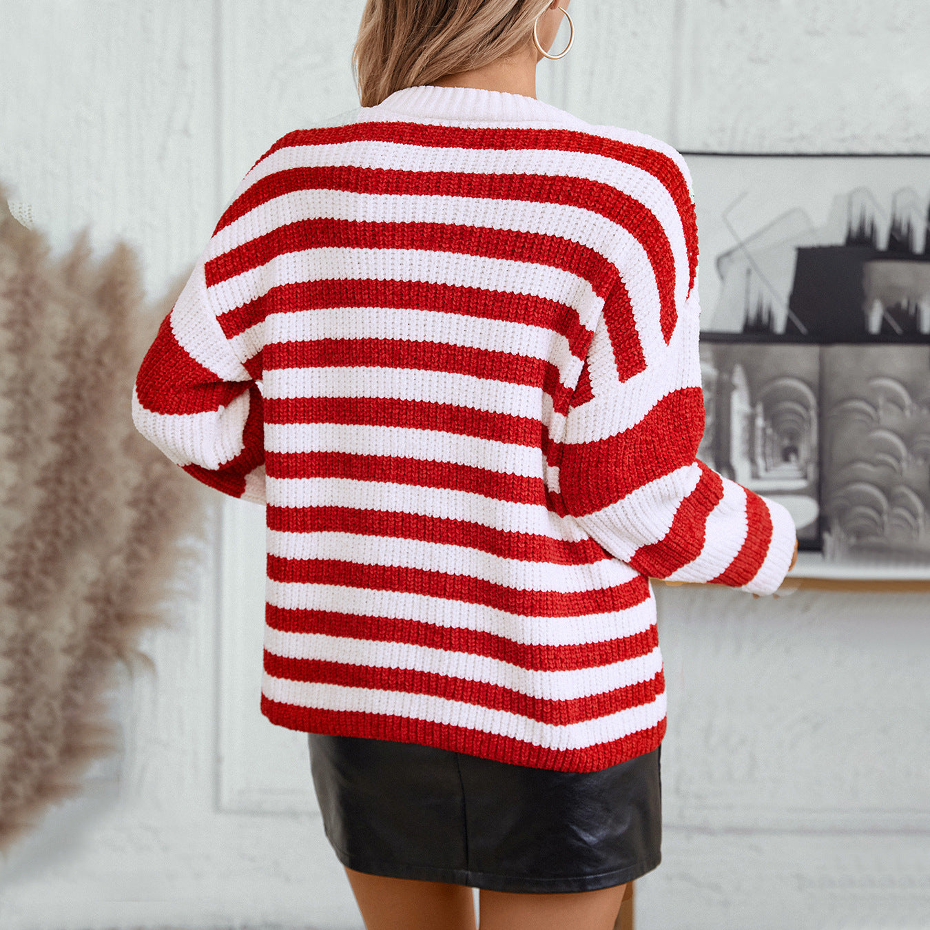 Women's Casual Fashion Striped Color Matching Chenille Sweater