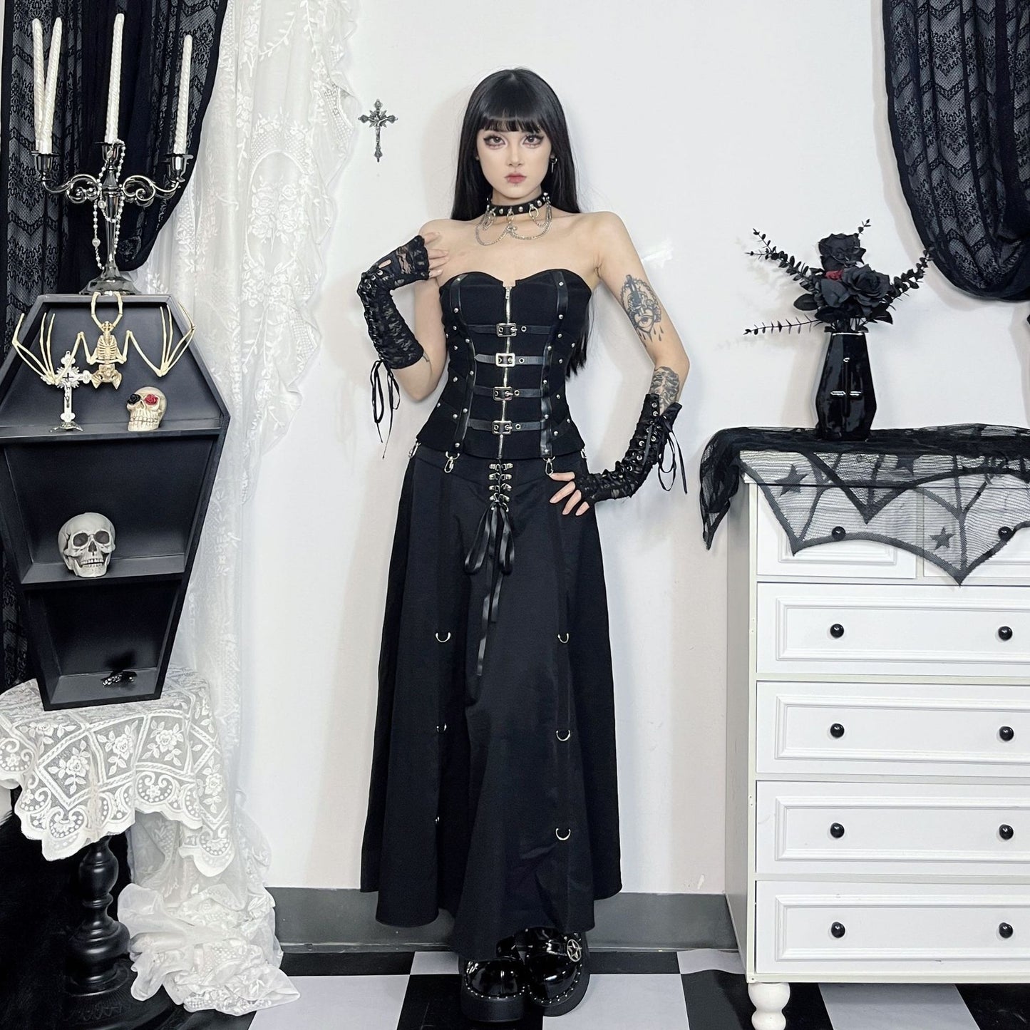 Women's Gothic Dark Style Sexy Lace Up Two-way Large A- Skirts