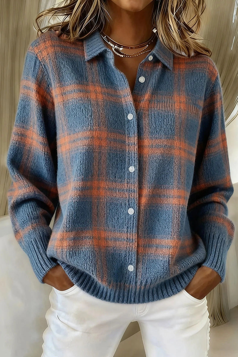 Women's Polo Collar Stripes Contrast Color Woolen Coats