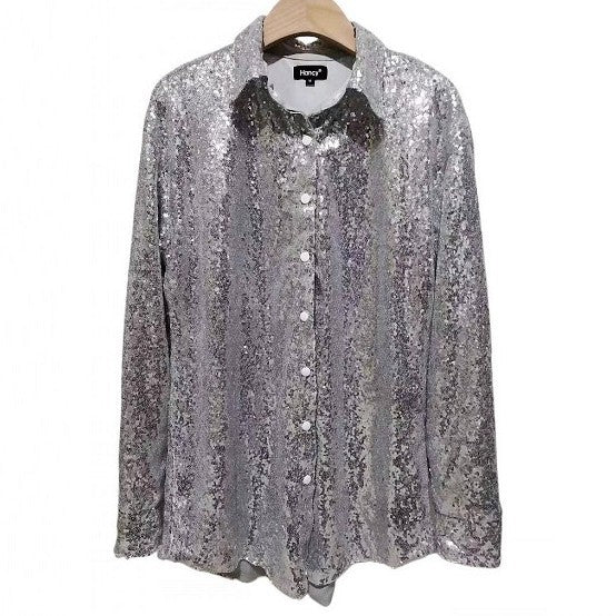 Women's Sequin Long Sleeve Loose Large Mid-length Blouses