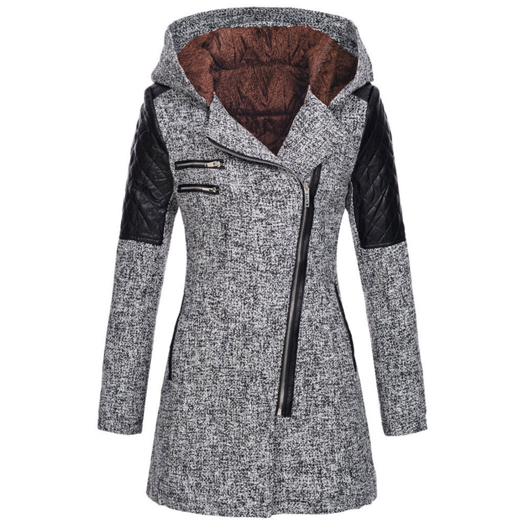 Women's Zipper Hooded Woolen Trench Mid-length Thick Coats