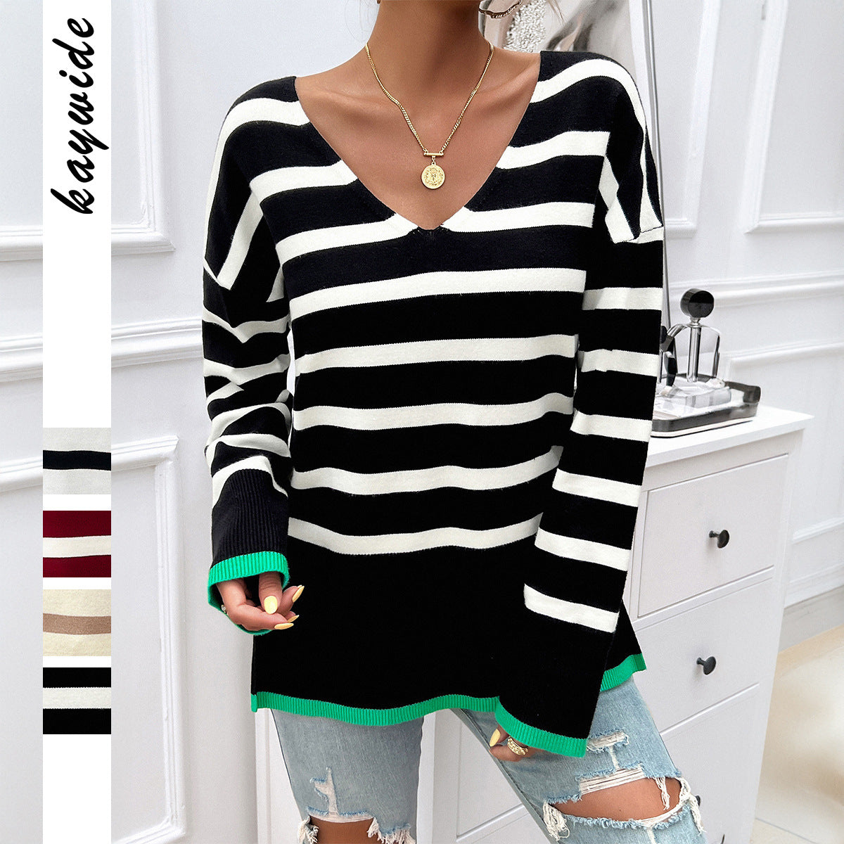 Women's Casual Vacation Style Contrast Color Striped Long Sweater