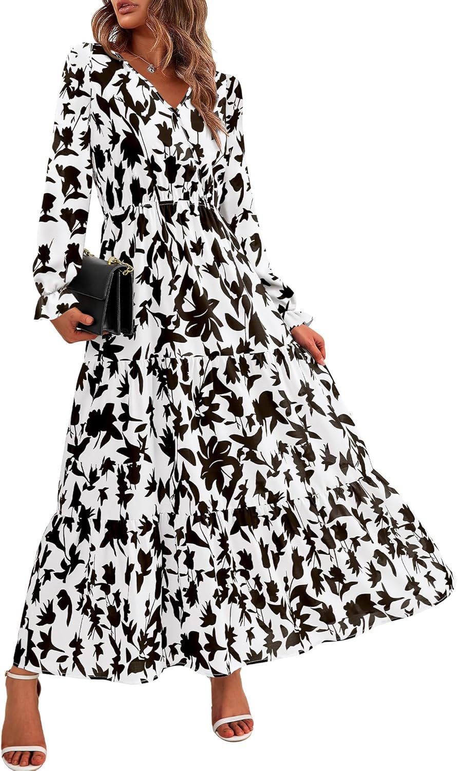 Women's Collar Elastic Waist Printed Casual Long Dresses