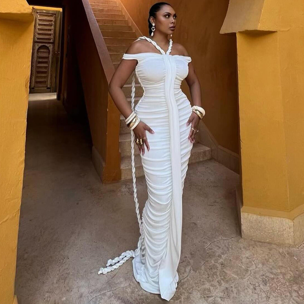 Women's Graceful Long Black Braid Pleated Slim Dresses