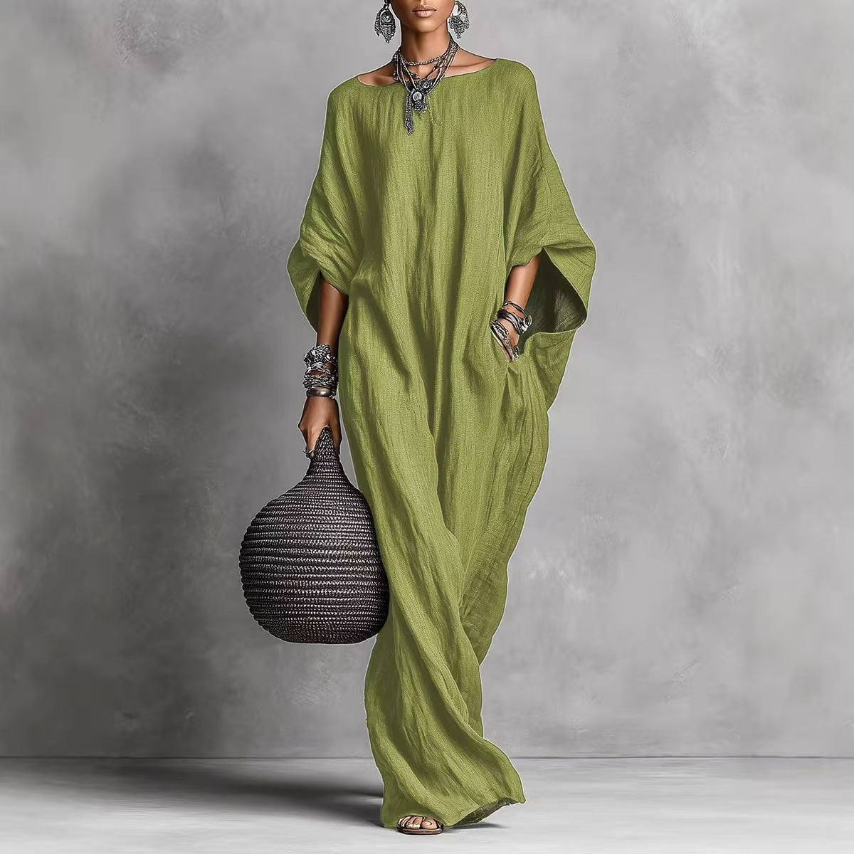 Women's Retro Solid Color Temperament Long Sleeve Dress