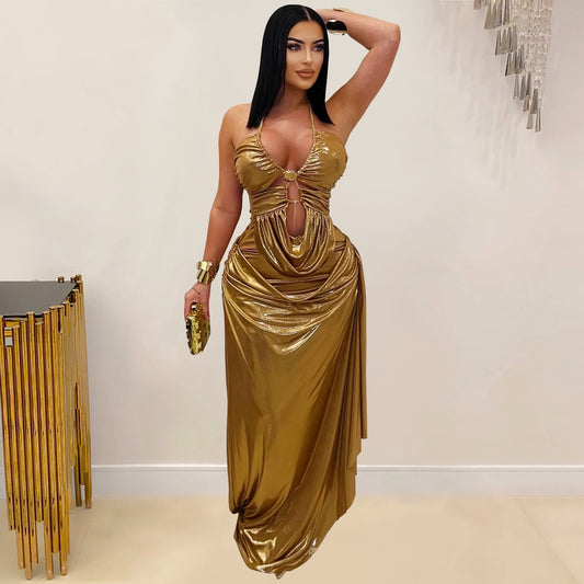 Women's Fashion Wear Sexy Halter Gold Necklace Dresses