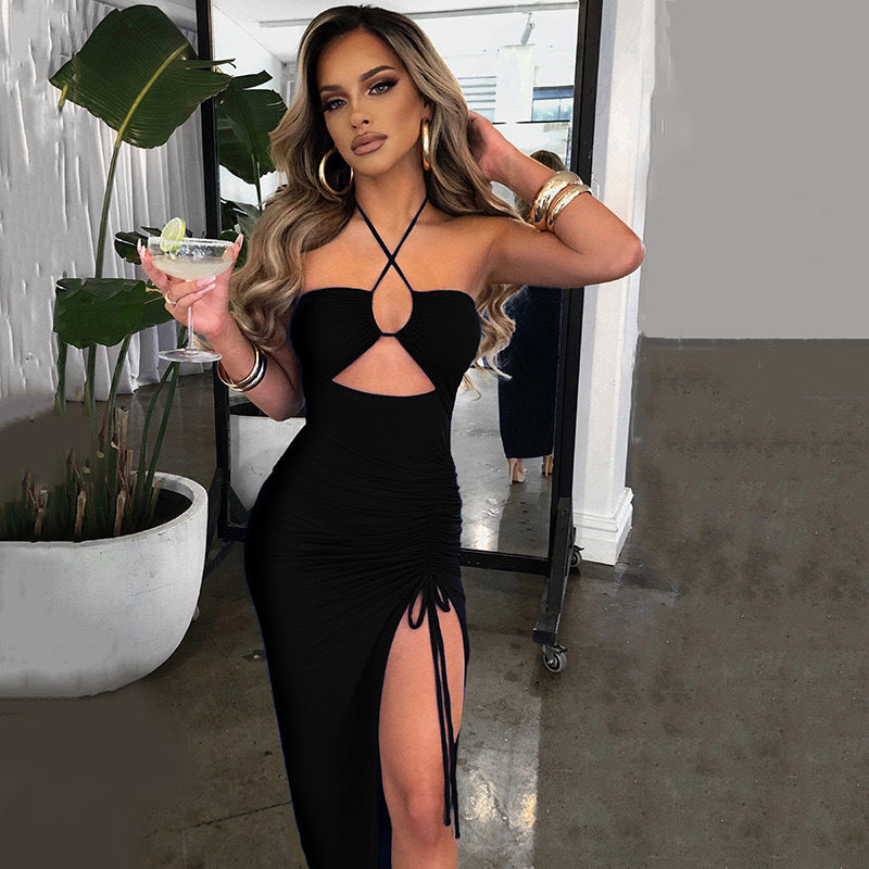 Women's Sexy Push-up Halter Pleating High Slit Dress