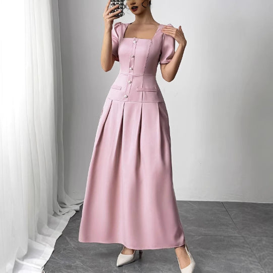 Women's Long Summer Simple Temperament Slimming Square Collar Puff Dress