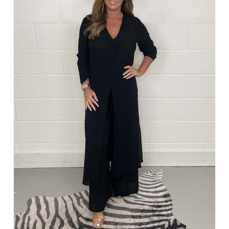 Women's Autumn Pure Color Split Long Shirt Trousers Clothing