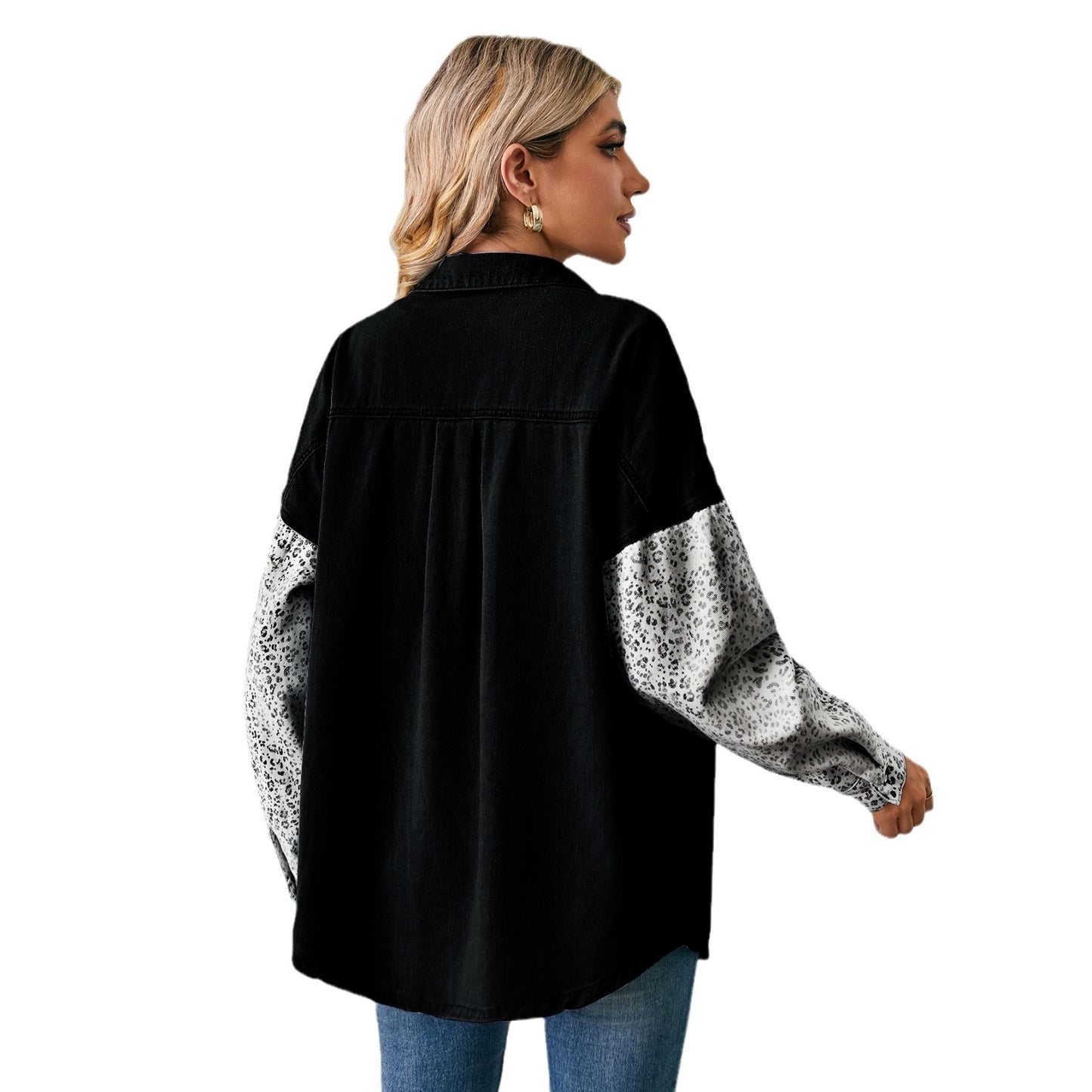 Loose Leopard Print Stitching Denim Shirt Long Blouses