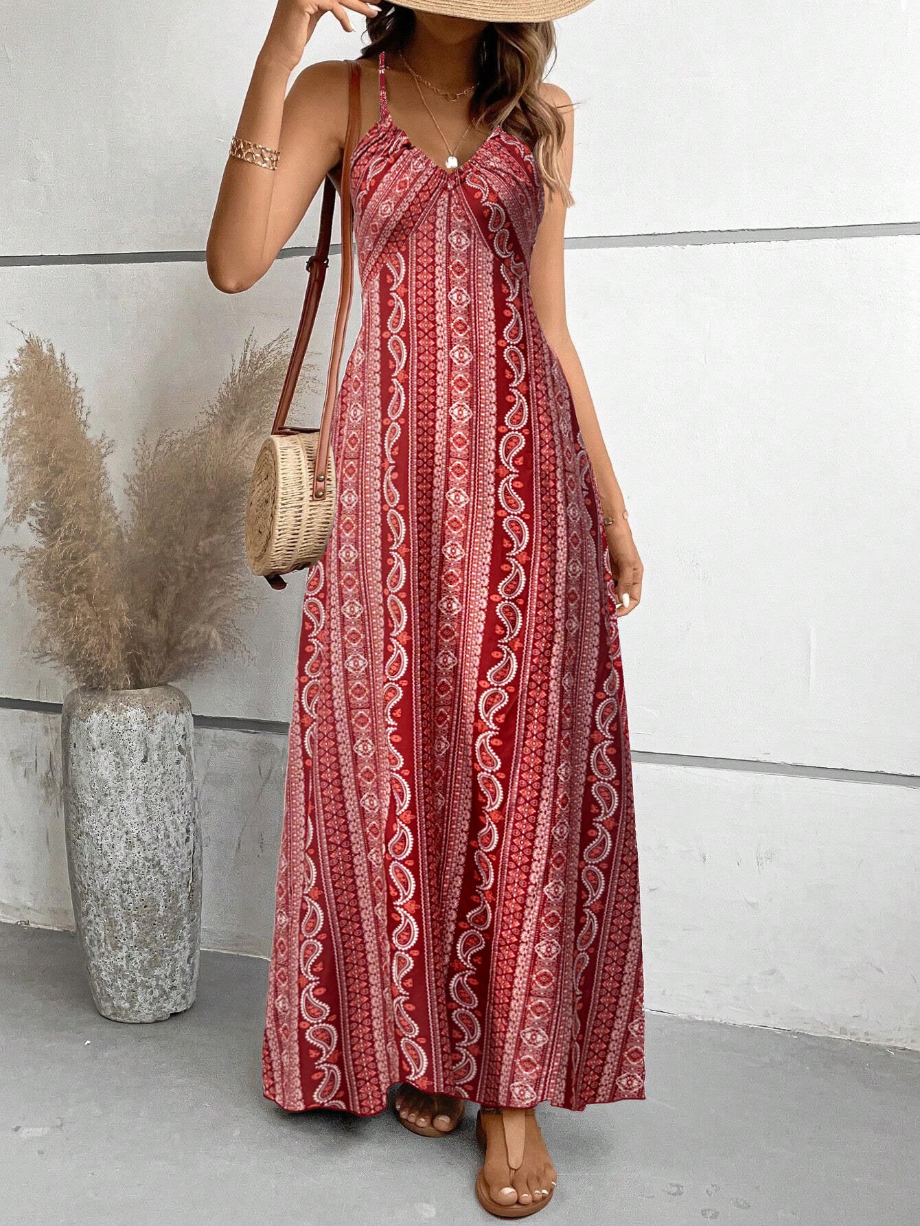 Women's Suspenders Printed Beach Slit High Waist Dress