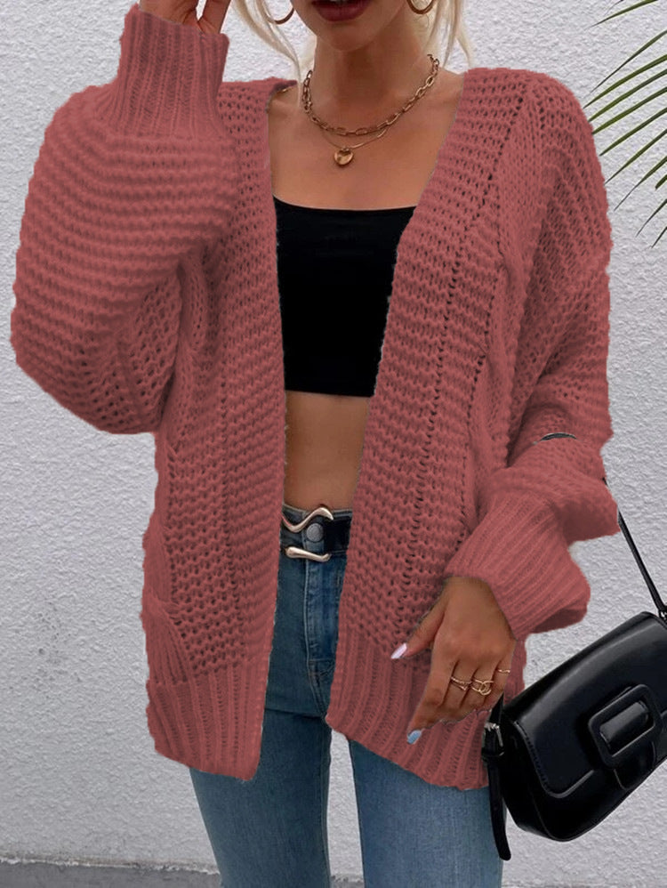 Women's Casual Long Sleeve Thick Knitted Twine Rope Loose Lantern Cardigans