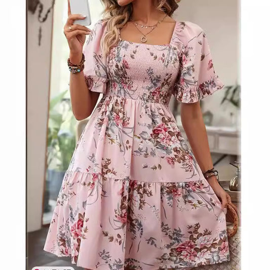Printed Floral Square Collar Pleated Sleeves Shorts