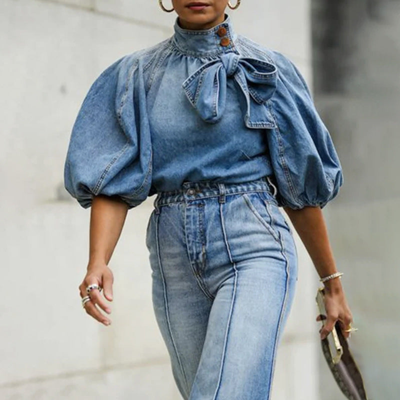 Women's Loose Puff Sleeves Denim Summer Half Jackets