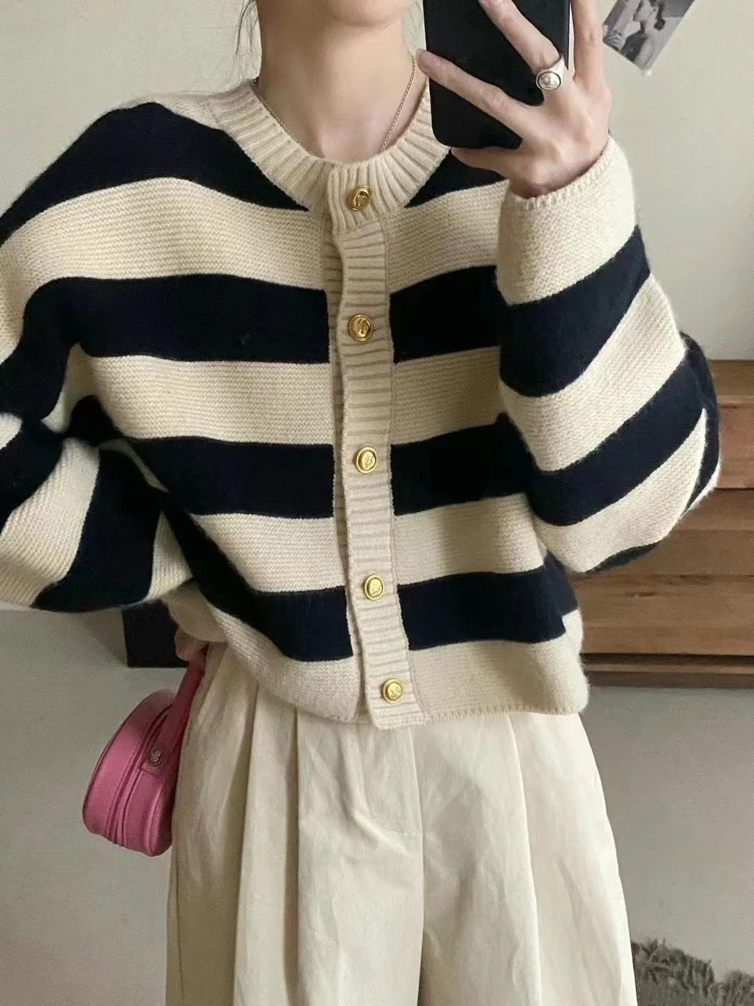 Women's Neck Striped Contrast Color Spring Loose Design Women's Sweater