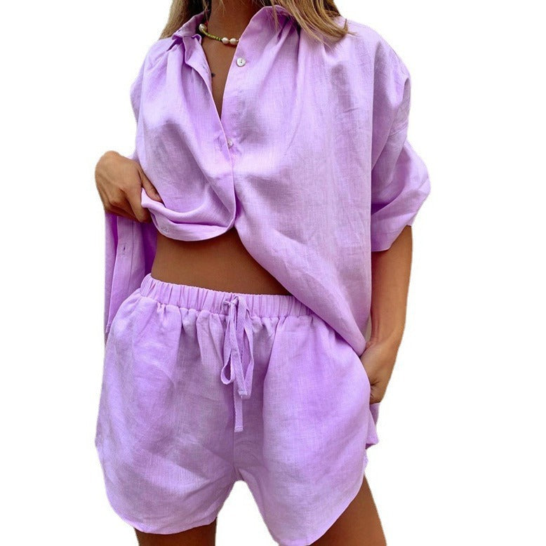 Women's Summer Solid Color Single-breasted Sleeve Shirt Two-piece Wide Shorts