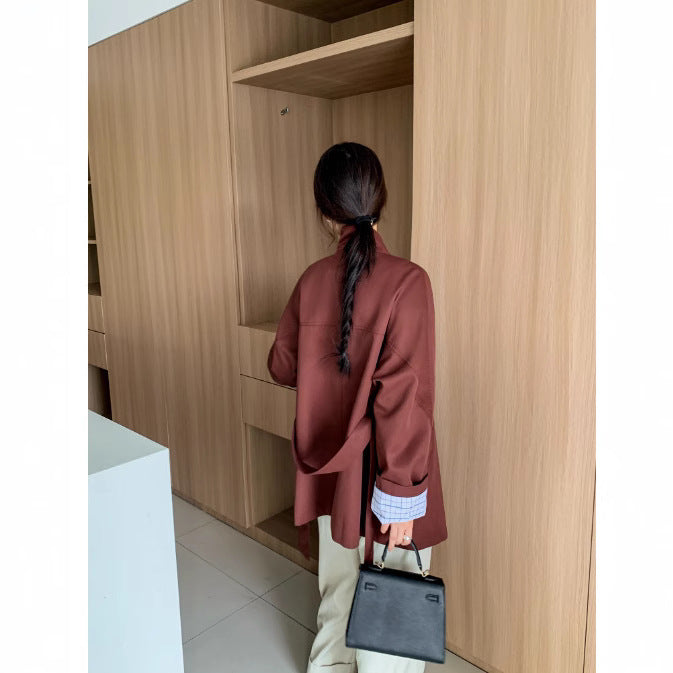 Big Welfare Korean Style Flip Sleeve Mid-length Trench Color Coats