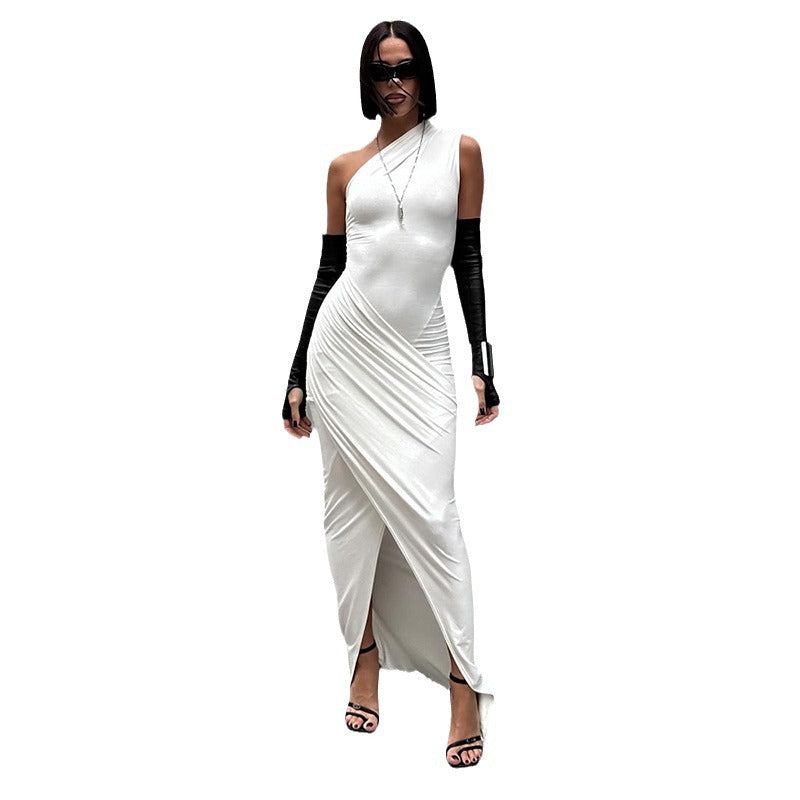 Women's Summer Solid Color Long Casual Diagonal Dress