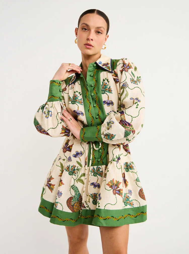 Single-breasted Long Lantern Sleeve Iti Printing Dresses