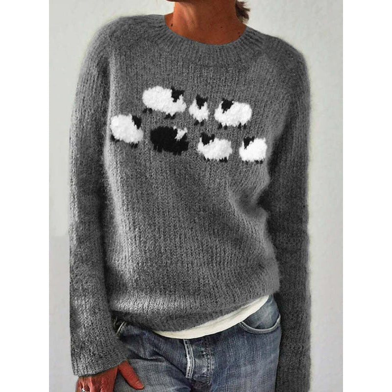 Women's Tibetan Wolf Round Neck Loose Fashion Pullover Color Matching Dark Sweaters