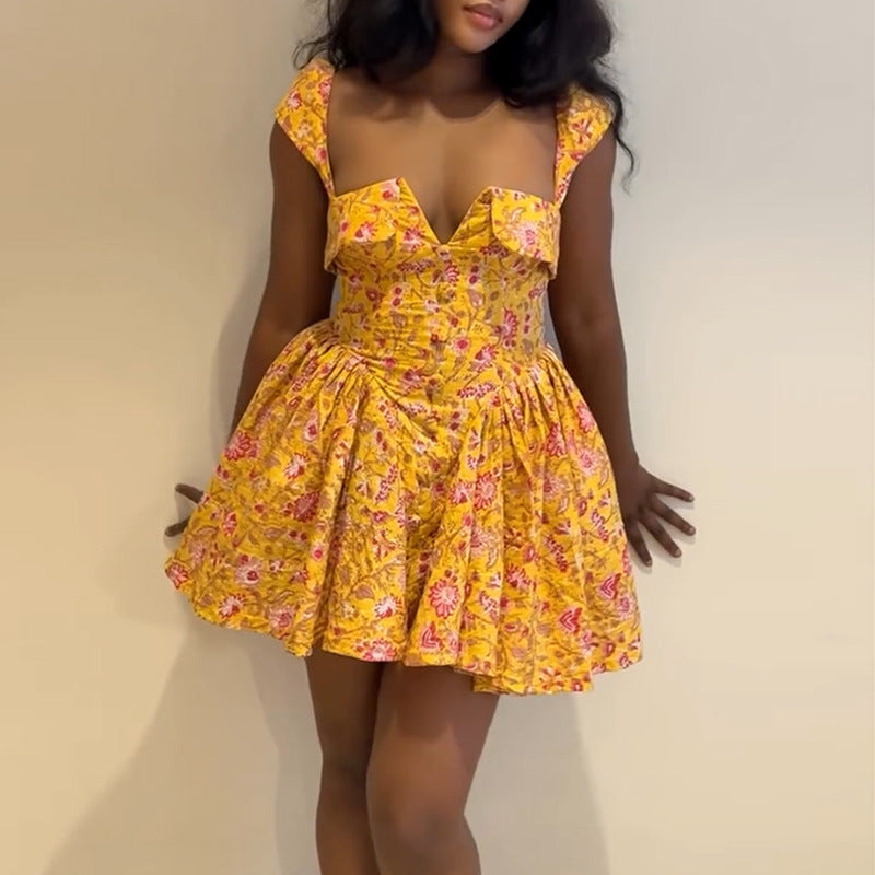 Women's Temperament Square Collar Printed High Waist Dresses