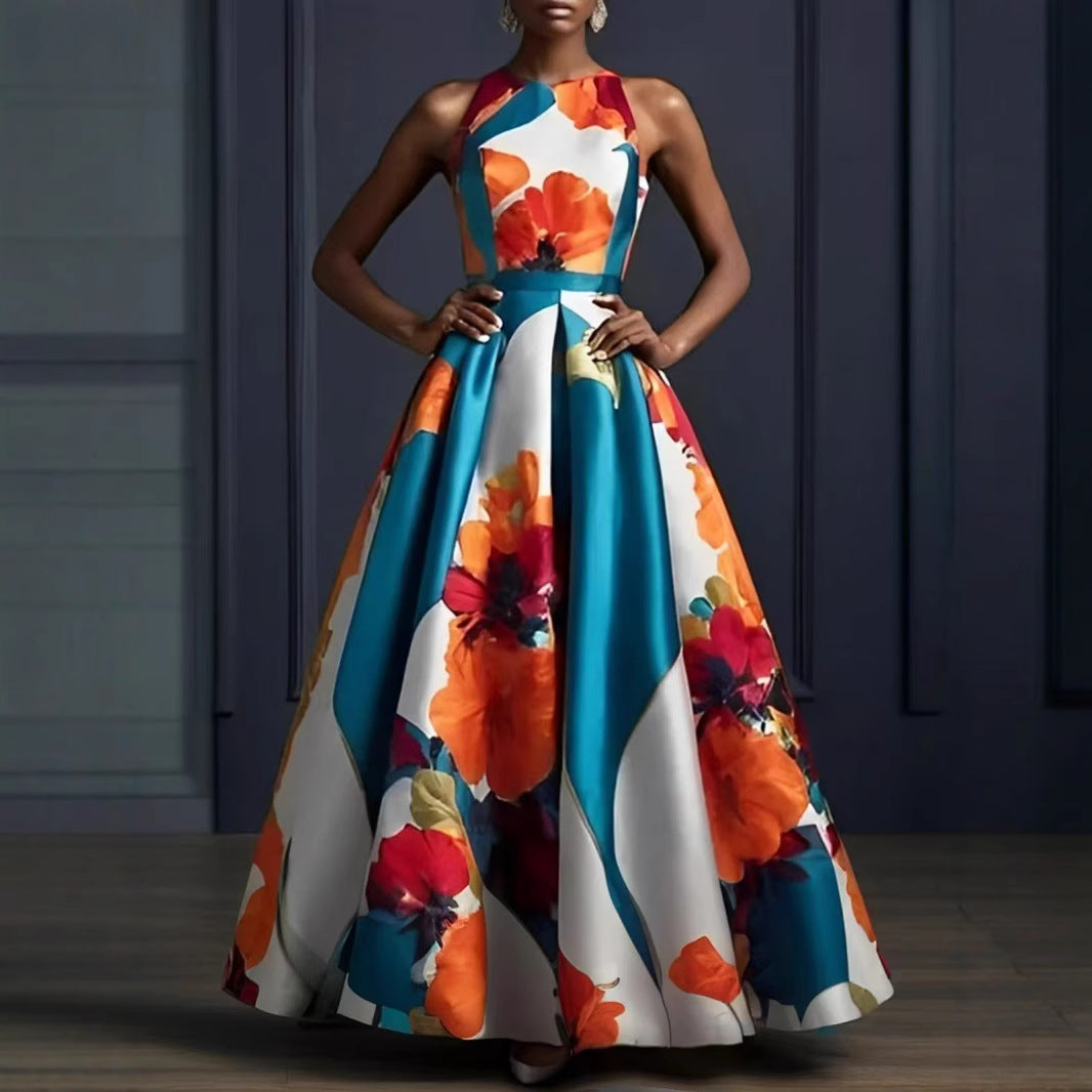 Fashion Large Swing Sleeveless Printed Waist Slim Satin Dress