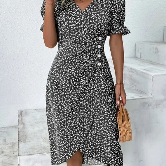 Women's Collar Floral Hem Irregular Pattern Print Dress